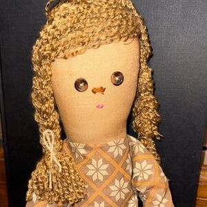 Handmade Folk Art Rag Doll with Small Stuffed Pig - Brown & Cream